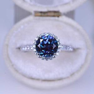 2 Carat Alexandrite Round Cut Halo 14K  White Gold Engagement Classic Ring