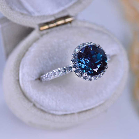 2 Carat Alexandrite Round Cut Halo 14K  White Gold Engagement Classic Ring