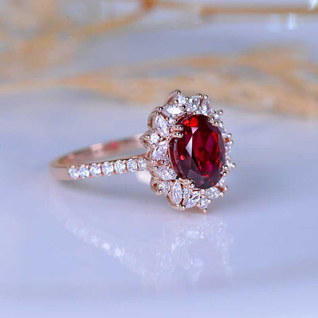 2 Carat Oval Ruby Halo Vintage 14K Rose Gold Engagement Ring