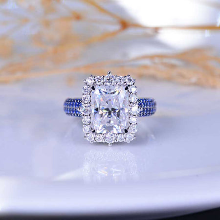 4Ct Moissanite Engagement Ring Halo Radiant Cut Moissanite Engagement Ring, 10x8mm Radiant Cut Moissanite Engagement Ring with Sapphire Eternity Band