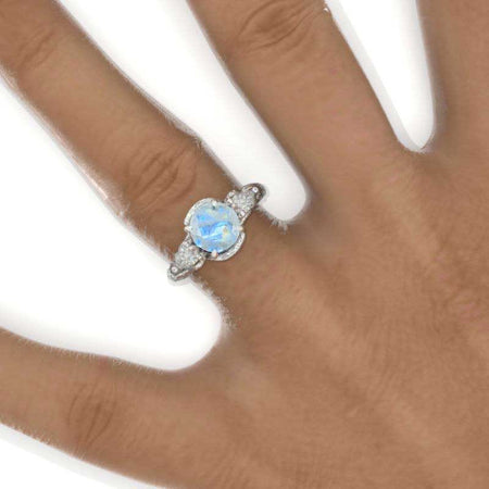 Floral Leaves Genuine moonstone Engagement Ring 14K White Gold