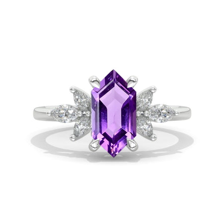 14K White Gold 3 Carat Hexagon Natural Amethyst Cluster Engagement Ring