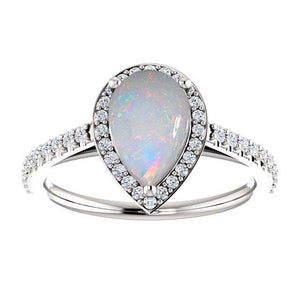 14K Gold 9x6 mm Forever One Pear Halo White Opal Engagement Ring