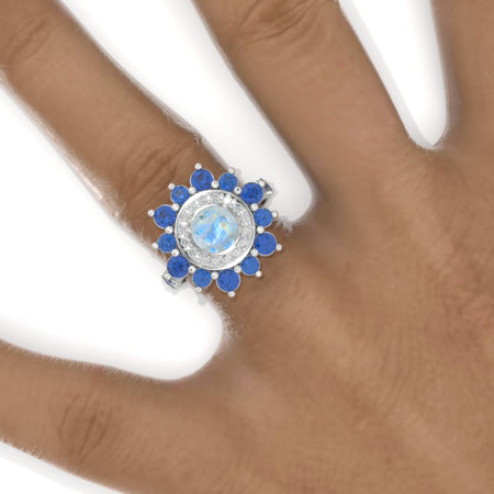 Sapphire Double Halo Genuine Natural Moonstone Cluster Ring