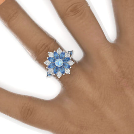 Floral Sapphire Genuine Natural Moonstone Sunflower Cluster Ring