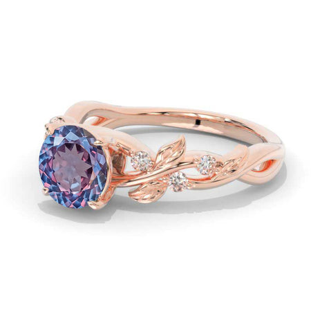 2 Carat Round Portuguese Cut Alexandrite Floral Rose Gold Engagement Ring