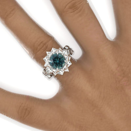 2 Carat  Teal Sapphire Twig Floral White Gold Engagement Ring