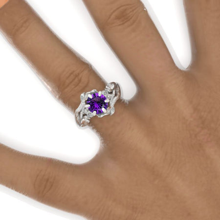 7mm Round Natural Amethyst Floral Twig Style Engagement Ring