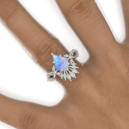 2.5 Carat Kite Genuine Natural Moonstone Halo 14K White Gold Engagement Ring