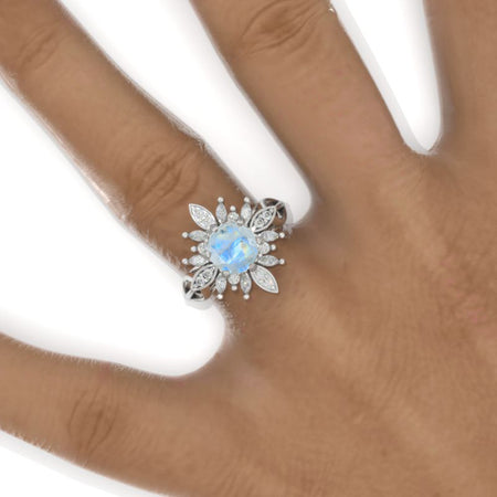 2 Carat Round Genuine Natural Moonstone Snowflake Halo Engagement Ring