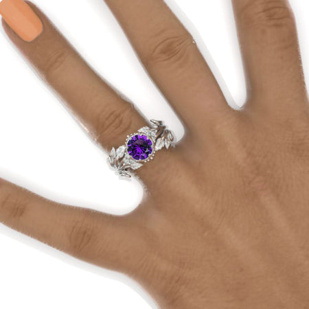 Round Natural Amethyst Floral Leaves Style Engagement Ring