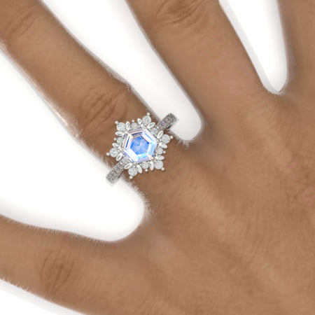 3 Carat Hexagon Genuine Natural Moonstone Snowflake Halo 14K White Gold Engagement Ring