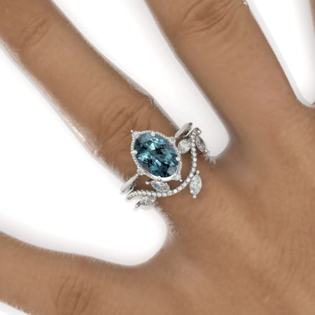 3 Carat Oval Teal Sapphire 14K White Gold Engagement Ring, Eternity Ring Set