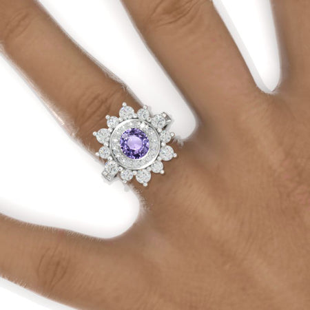 Double Halo Purple Sapphire Cluster Ring