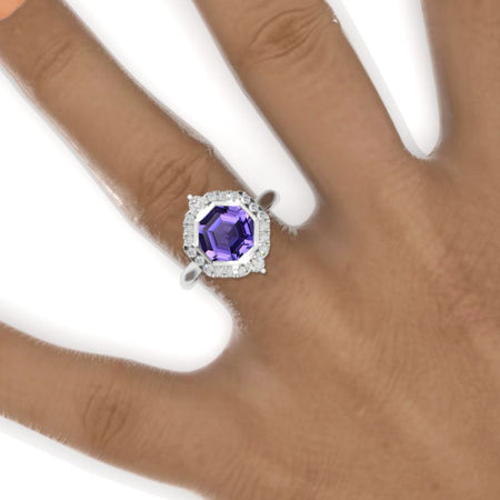 3 Carat Hexagon Purple Sapphire Halo 14K White Gold Engagement Ring