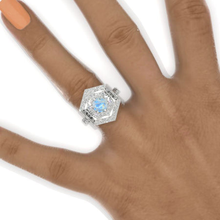 Hexagon Genuine Moonstone Cluster Engagement Ring