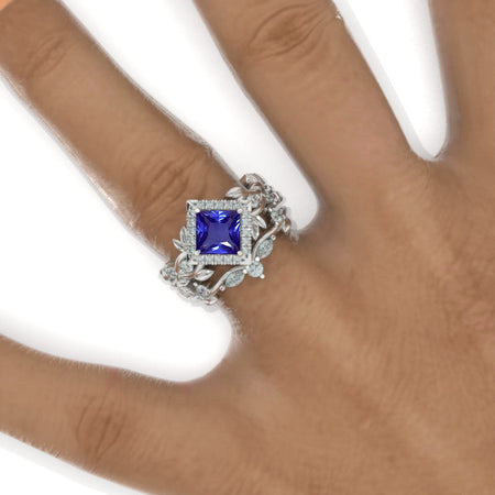 1 Carat Princess Cut Natural Genuine Tanzanite Halo Floral Twig Ornamental Engagement 14K White Gold  Ring Eternity Ring Set