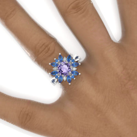 2 Carat Round Purple Sapphire Snowflake Floral Sapphire Halo Engagement Ring