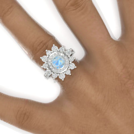 Double Halo Genuine Natural Moonstone Cluster Ring