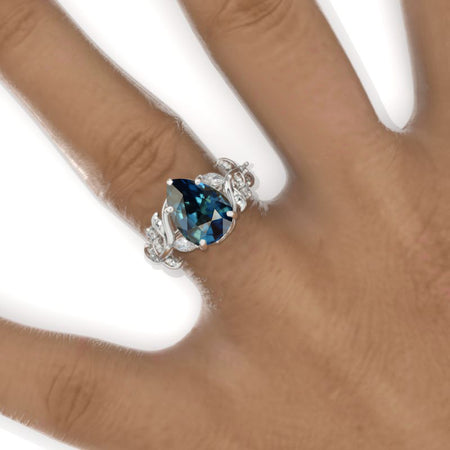 3 Carat Pear Teal Sapphire Halo Floral Engagement Ring 14K White Gold Ring