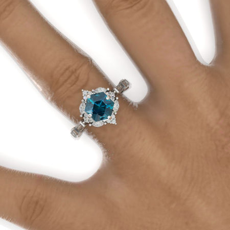 3 Carat Hexagon Teal Sapphire Halo 14K White Gold Engagement Ring