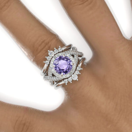 2 Carat Round Purple Sapphire Halo 14K White Gold Twisted Shank Engagement Ring Set