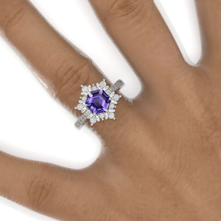 3 Carat Hexagon Purple Sapphire Snowflake Halo 14K White Gold Engagement Ring