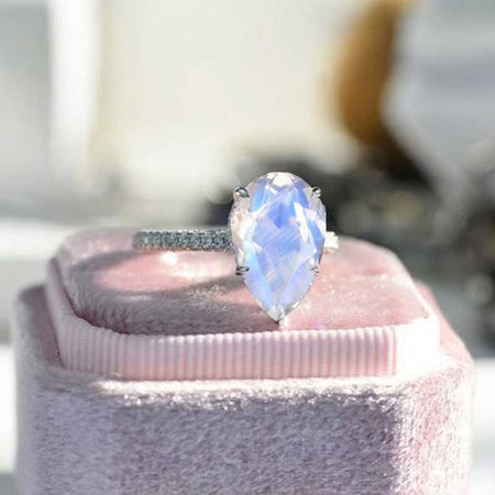 4 Carat Pear Cut Natural Moonstone Hidden Halo Engagement Ring