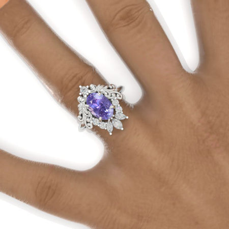 3 Carat Oval Purple Sapphire Halo Ornamental Engagement Ring