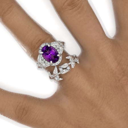 2 Carat Oval Natural Amethyst Halo Floral Engagement Ring Eternity Ring Set