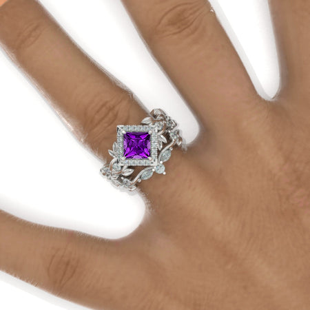 1 Carat Princess Cut Natural Amethyst Halo Floral Twig Ornamental Engagement 14K White Gold  Ring Eternity Ring Set