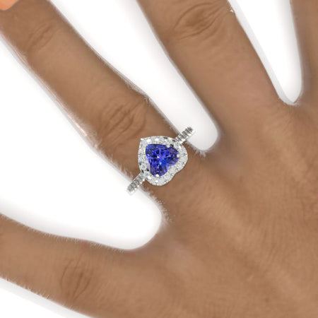 2 Carat Heart Natural Genuine Tanzanite Halo Engagement Ring. Victorian 14K White Gold Ring