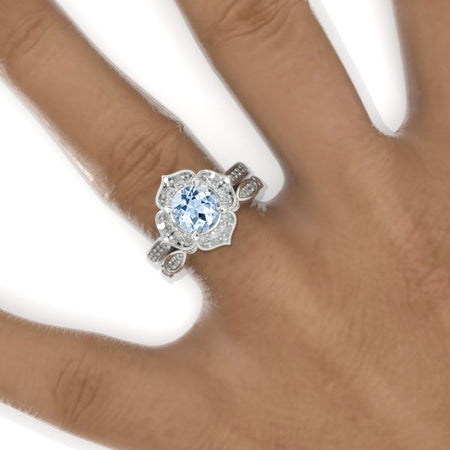 Floral Halo Genuine Natural Aquamarine Engagement Ring 14K White Gold  Ring Set