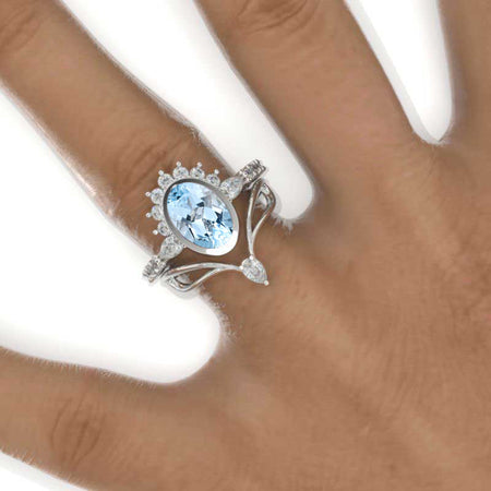 3 Carat Oval Genuine Natural Aquamarine Bezel Set Engagement Ring Eternity Ring Set