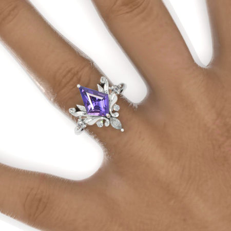 2.5 Carat Kite Purple Sapphire Floral Leaves 14K White Gold Engagement Ring