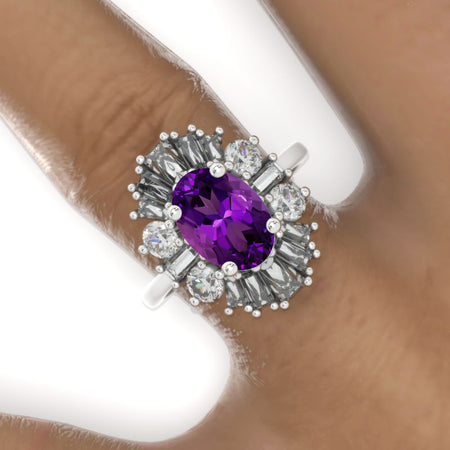 14K White Gold 3 Carat Oval Natural Amethyst Halo Engagement Ring