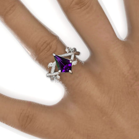 2.5 Carat Kite Purple Sapphire Twig Floral 14K White Gold Engagement Ring