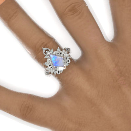 2.5 Carat Kite Genuine Natural Moonstone 14K White Gold Engagement Ring. Floral natural Form Ring