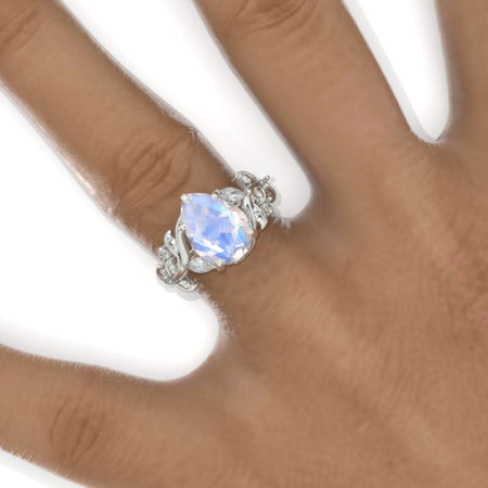 3 Carat Pear Genuine Natural Moonstone Halo Floral Engagement Ring 14K White Gold Ring