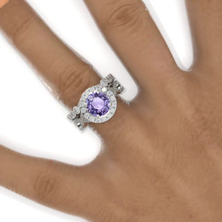 2 Carat Round Purple Sapphire Halo Twisted Shank Engagement Ring, Eternity Ring Set