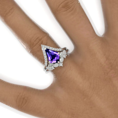 2.5 Carat Kite Natural Amethyst Halo Engagement Ring Set. 2.5CT Fancy Kite Shape Natural Amethyst Ring Set