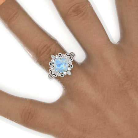 2 Carat Flowers Halo Vintage Style Genuine moonstone Engagement Ring 14K White Gold