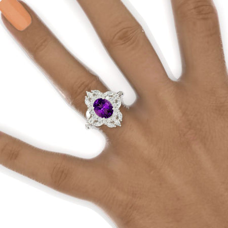 2 Carat Oval Natural Amethyst Halo 14K White Gold Engagement Ring