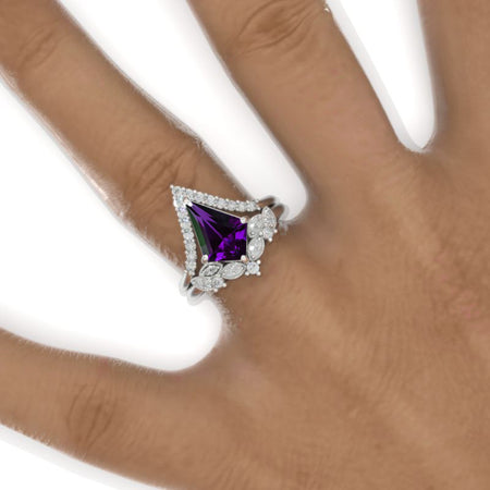 2.5 Carat Kite Purple Sapphire Halo Engagement Ring Set. 2.5CT Fancy Kite Shape Purple Sapphire Ring Set