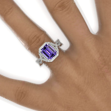 2 Carat Emerald Halo Purple Sapphire Twisted Shank  White Gold Engagement Ring