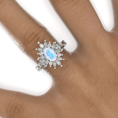 2 Carat Oval Genuine Natural Moonstone Snowflake Halo Engagement Ring