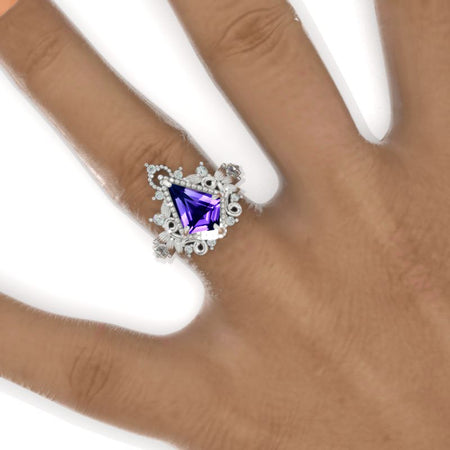 2.5 Carat Kite Natural Amethyst 14K White Gold Engagement Ring Floral natural Form Ring