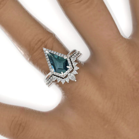 14K White Gold 3 Carat Kite Teal Sapphire Halo Engagement Ring, Rings Set