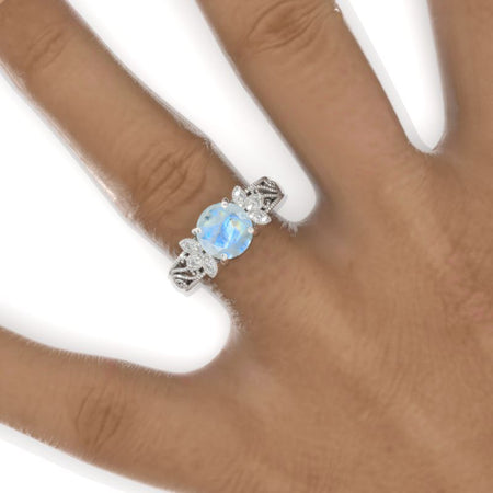 2 Carat Round Genuine Natural Moonstone Floral Lace  Shank Engagement Ring