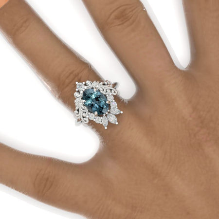 3 Carat Oval Teal Sapphire Halo Ornamental Engagement Ring